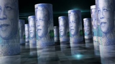 South Africa Rand rolls loop 3d animation. Money on the table. Seamless and loopable abstract concept of economy, finance, business, recession and debt. Camera between ZAR rolled banknotes.