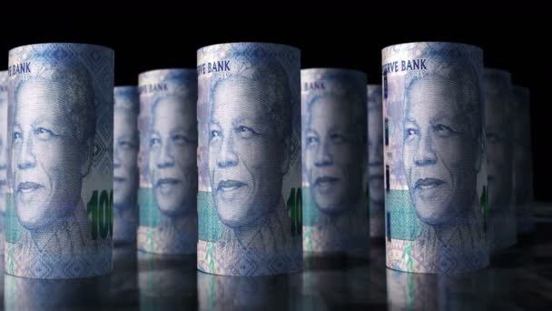 南アフリカランドマネーロールループ3Dアニメーション カメラは Zar圧延銀行券の前に移動します ビジネス 債務のシームレスなループ可能な概念 — ストック動画