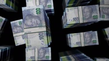 Güney Afrika Rand para paketi döngüsü. ZAR üzerinden uçuş banknotları üst görünümü destekler. Üç boyutlu, kusursuz bir animasyon. Ekonomi, kriz, iş ve finans konsepti.