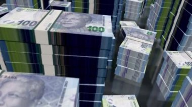 Güney Afrika Rand para banknotları döngüsü. ZAR üzerinden yapılan 3 boyutlu uçuş kuleleri desteler. Döngüsüz, soyut iş dünyası, ekonomik kriz, durgunluk ve finans kavramı.
