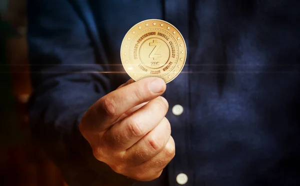 Zcash Zec Cryptocurrency Symbol Golden Coin Hand Abstract Concept — Fotografia de Stock