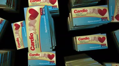 Cardio medicine tablets box production line. Heart health pills pack production. Abstract concept 3d rendering loopable seamless animation.