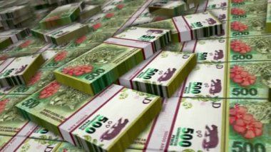Arjantin Peso banknot döngüsü. ARS para yığınları. İş, ekonomi, bankacılık ve finans kavramı. Para paketlerinin üzerinde kamera var. Döngüsüz 3D canlandırma.
