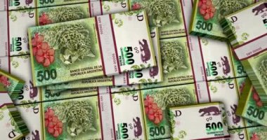 Arjantin Peso 3 boyutlu animasyonu finanse ediyor. Kamera görüntüsü şehirlerarası. ARS para paketleri. Enflasyon, ekonomi, kriz, iş, bankacılık, borç ve finans kavramı.