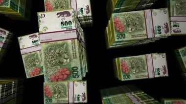 Arjantin Peso para paketi döngüsü. ARS banknotları üzerinde uçuş üst görünümü yığar. Üç boyutlu, kusursuz bir animasyon. Ekonomi, kriz, iş ve finans konsepti.