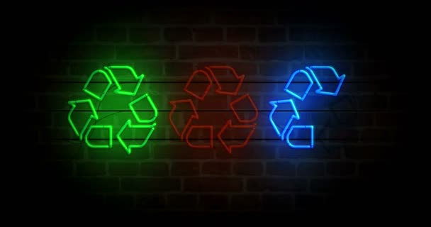 Recycling Neon Symbool Bakstenen Muur Ecologie Recycling Van Afval Milieu — Stockvideo