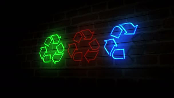 Reciclaje Neón Pared Ladrillo Ecología Reciclaje Residuos Bombillas Luz Ambiental — Vídeo de stock