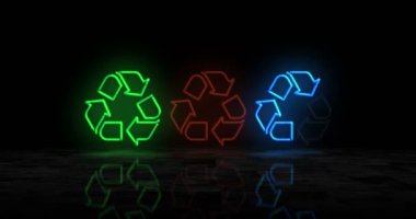 Parlayan neon sembolünü geri dönüştürüyorum. Renkli ampuller. Ekoloji, atık geri dönüşümü ve soyut konsept 3D animasyon.