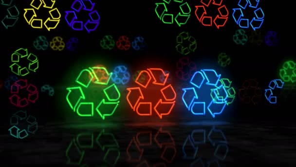 Recycling Neon Gloeiend Symbool Lichtgekleurde Lampen Ecologie Recycling Van Afval — Stockvideo