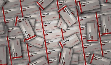 Ağrı kesici tablet üretim hattı. Acil ağrı kesici, baş ağrısı kesici ve ilaç paketleme fabrikasına yardım et. Soyut konsept 3D resimleme.