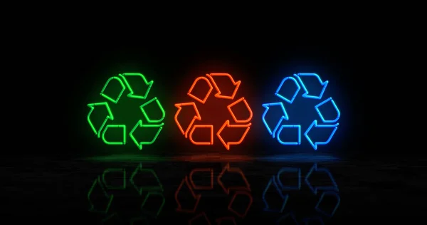 Újrahasznosító Neon Szimbólum Ökológia Hulladék Újrahasznosítás Környezet Világító Színes Izzók — Stock Fotó