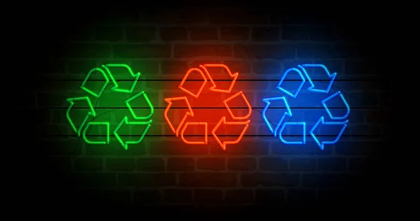 Riciclaggio Simbolo Neon Ecologia Riciclo Rifiuti Ambiente Lampadine Colori Concetto — Foto Stock