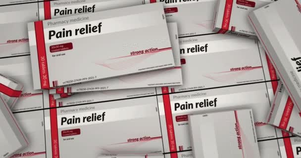 Pain relief tablets box production line. Emergency painkiller, headache analgesic and help medical pills pack pack industry. Abstract background concept 3d rendering animation.