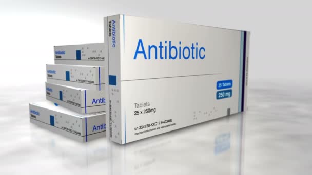 Antibiotikum Dobozban Orvosi Gyógyszer Fertőzés Terápiás Tabletta Csomagolás Absztrakt Koncepció — Stock videók