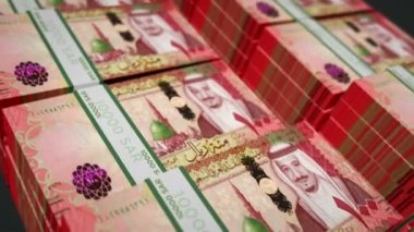 Suudi Arabistan Riyal para paketi 3D animasyon döngüsü. Döngüsüz finans, nakit, ekonomi, iş ve banka kavramı. Kamera SAR 100 banknot desteleri üzerinde hareket ediyor.
