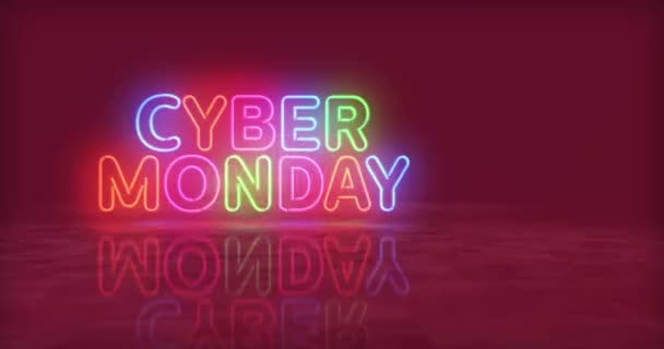 Cyber Monday Neon Symbool Lichtgekleurde Lampen Sale Korting Promotie Retail — Stockvideo