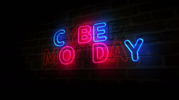 Cyber Monday Neon Auf Ziegelwand Verkauf Und Rabattförderung Einzelhandel Glühbirnen — Stockvideo