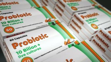 Probiyotik paket üretimi. Tıbbi antibiyotik ilaç kutusu. Soyut konsept 3D çevrilebilir kusursuz animasyon. Sağlıklı mikrobiyoloji ve bağırsak mikrobiyografisi için canlı bakteri kültürleri.