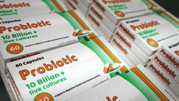 Probiotic Pack Production Medical Antibiotic Therapy Drug Box Abstract Concept — Stock Video