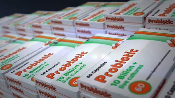 Probiyotik Paket Üretimi Tıbbi Antibiyotik Ilaç Kutusu Soyut Konsept Çevrilebilir — Stok video