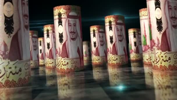 サウジアラビアリヤドロールループ3Dアニメーション テーブルの上のお金 ビジネス 債務というシームレスでループ可能な抽象的な概念 Sar間のカメラは紙幣を転がし — ストック動画