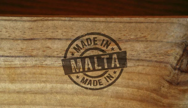 Feito Malta Selo Impresso Caixa Madeira Conceito País Fábrica Fabricação — Fotografia de Stock