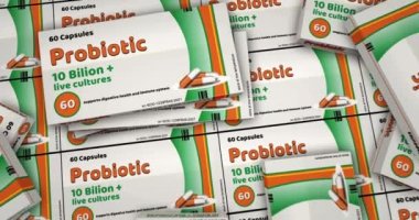 Probiyotik paketi yüzeyde. Tıbbi antibiyotik ilaç kutusu üretimi. Soyut arka plan konsepti 3D canlandırma canlandırması. Sağlıklı mikrobiyoloji ve bağırsak mikrobiyografisi için canlı bakteri kültürleri.