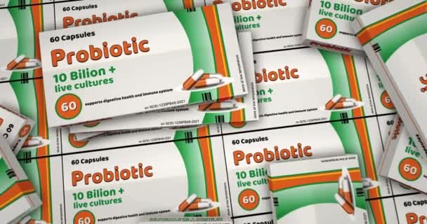 Envase Probiótico Superficie Producción Cajas Antibióticos Médicos Concepto Fondo Abstracto — Vídeos de Stock