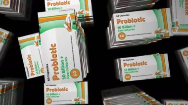 Probiyotik paket üretimi. Tıbbi antibiyotik ilaç kutusu. Soyut konsept 3D çevrilebilir kusursuz animasyon. Sağlıklı mikrobiyoloji ve bağırsak mikrobiyografisi için canlı bakteri kültürleri.