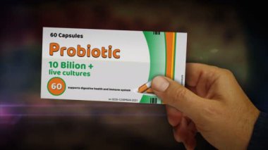Probiyotik kutu elimde. Tıbbi enfeksiyon terapisi ilaç paketleri. Soyut kavram 3D canlandırma animasyonu. Sağlıklı mikrobiyoloji ve bağırsak mikrobiyografisi için canlı bakteri kültürleri.