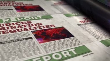 Önyargılar, ayrımcılık, sosyal eşitsizlikler ve önyargılı küresel kriz günlük gazete raporları. Soyut konsept 3D renklendirme kusursuz döngülü animasyon.