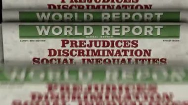 Önyargılar, ayrımcılık, sosyal eşitsizlikler ve önyargılı küresel kriz. Gazete baskısı basın konsepti. Retro 3d canlandırma canlandırması.