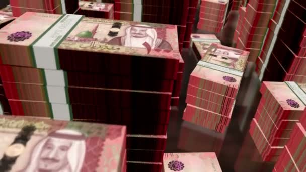 Arábia Saudita Riyal Dinheiro Notas Pacotes Loop Voo Sobre Torres — Vídeo de Stock