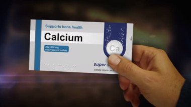 Elinde kalsiyum tabletleri var. Diyet destek hapları kemik sağlığı için paketlenmiş. Soyut kavram 3D canlandırma canlandırması.