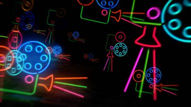 Sinema neon sembolü. Film projektörü, film, video kamera, multimedya ve eğlence ampulleri. Soyut konsept 3d illüstrasyon.