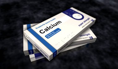 Kalsiyum tablet kutusu üretimi. Diyet destek hapları kemik sağlığı için paketlenmiş. Soyut konsept 3D resimleme.