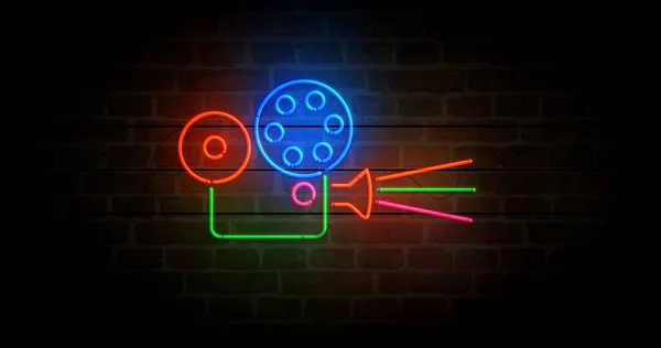 Simbolo Neon Cinematografico Proiettore Cinematografico Pellicola Videocamera Lampadine Colori Multimediali — Foto Stock
