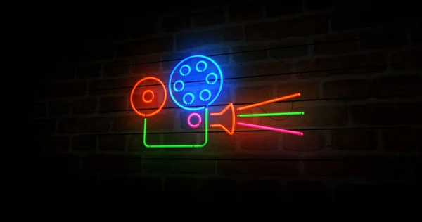 Cinema neon symbol. Movie projector, film, video camera, multimedia and entertainment light color bulbs. Abstract concept 3d illustration.