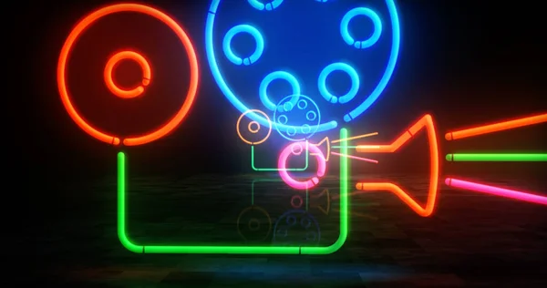 Neonowy Symbol Kina Projektor Filmowy Film Kamera Wideo Multimedialne Rozrywkowe — Zdjęcie stockowe