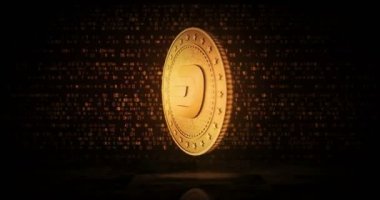 Dash, DeFi şifreleme altın sikkesi çevrilebilir dijital arka planda. Üç boyutlu kusursuz döngü konsepti. Dönen altın metal döngüsü soyut animasyon.
