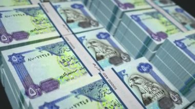 Arap Emirlikleri Dirhams para paketi 3D animasyon. Döngüsüz finans, nakit, ekonomi, iş ve banka kavramı. Kamera 500 AED Dubai banknot desteleri üzerinde hareket.