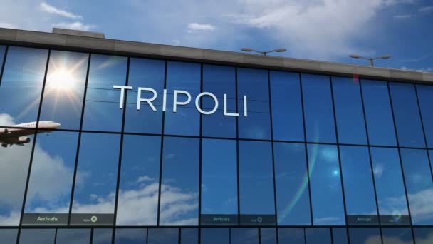 Flygplanslandning Vid Tripoli Libyen Återgivning Animation Ankomst Till Staden Med — Stockvideo