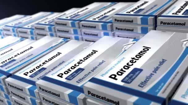 パラセタモール鎮痛タブレットボックス生産ライン 救急鎮痛剤 頭痛鎮痛剤 医療用薬パック工場を支援します アブストラクトコンセプト3Dレンダリングループ可能なシームレスなアニメーション — ストック動画