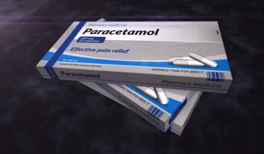 Parasetamol tabletleri üretim hattı. Acil ağrı kesici, baş ağrısı kesici ve ilaç paketleme fabrikasına yardım et. Soyut konsept 3D resimleme.