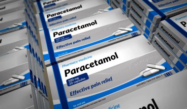 Parasetamol tabletleri üretim hattı. Acil ağrı kesici, baş ağrısı kesici ve ilaç paketleme fabrikasına yardım et. Soyut konsept 3D resimleme.