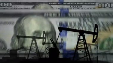 Petrol pompalı 100 dolarlık para sayma makinesi. Petrol kuyusu ve yakıt ve banknotlar dahil olmak üzere enerji işi. Ekonomik soyut kavram arka plan döngüsel ve pürüzsüz.