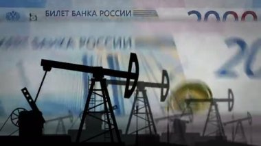 Rusya, petrol pompalı para sayma makinesini rubleliyor. Petrol kulesi ve banknotlarla yakıt işi sayılır. Ekonomik soyut kavram arka plan illüstrasyonu döngüsel ve pürüzsüz.