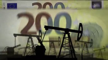 Petrol pompalı Euro para sayma makinesi. Petrol kulesi ve banknotlarla yakıt işi sayılır. Ekonomik soyut kavram arka plan illüstrasyonu döngüsel ve pürüzsüz.