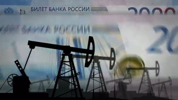 Rusia Rublos Máquina Contadora Dinero Con Bomba Aceite Plataforma Petrolífera — Vídeo de stock