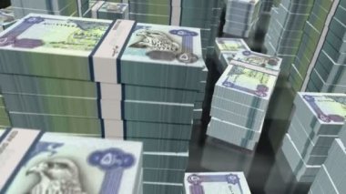 Dubai Dirhams Arap Emirlikleri para paketleri döngüsü. 3D uçuş 500 'den fazla AED banknot kuleleri istifliyor. Döngüsüz, soyut iş dünyası, ekonomik kriz, durgunluk ve finans kavramı.